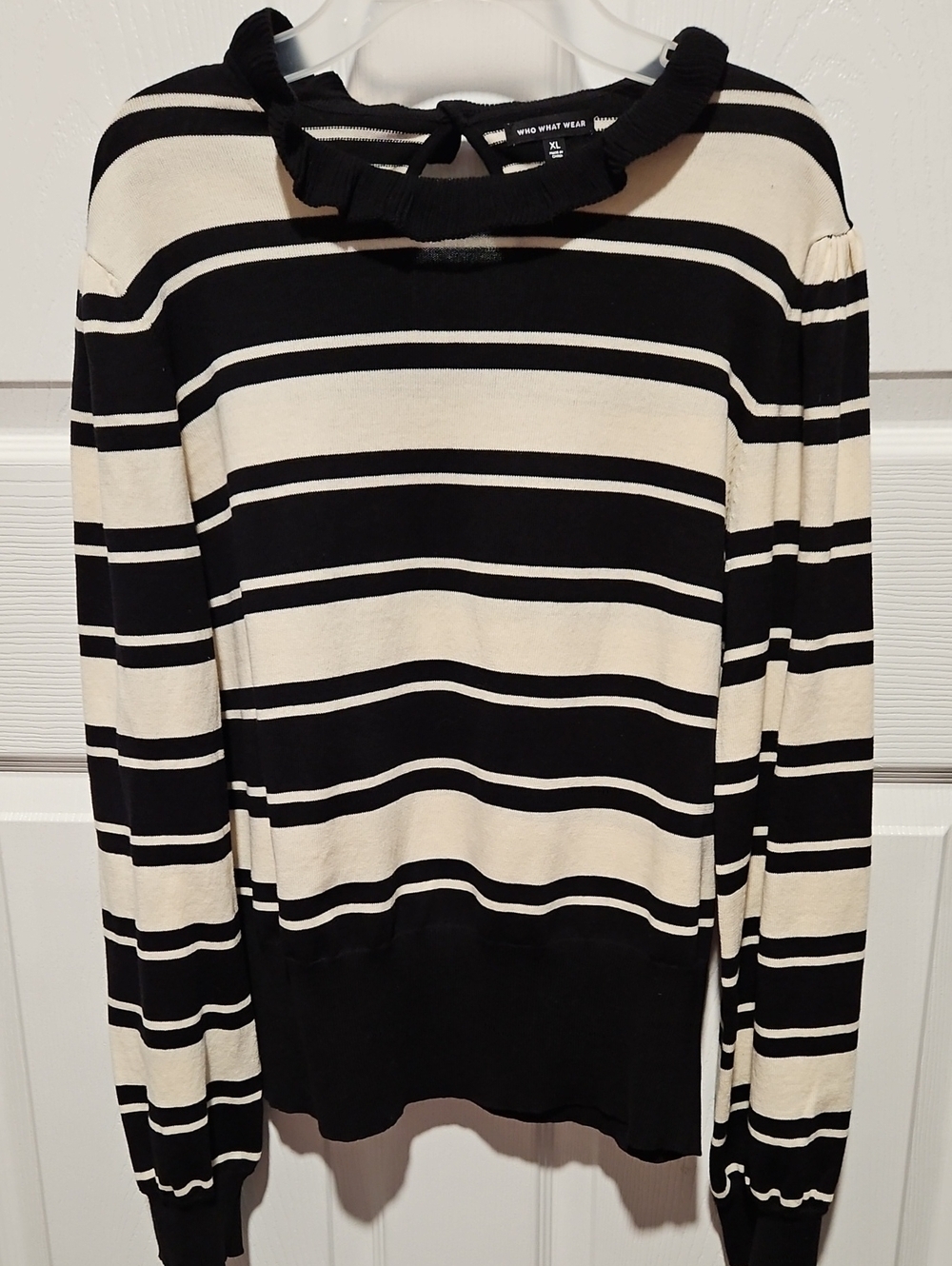Who What Wear Black and Cream Striped Ruffle-Neck Crewneck Sweater